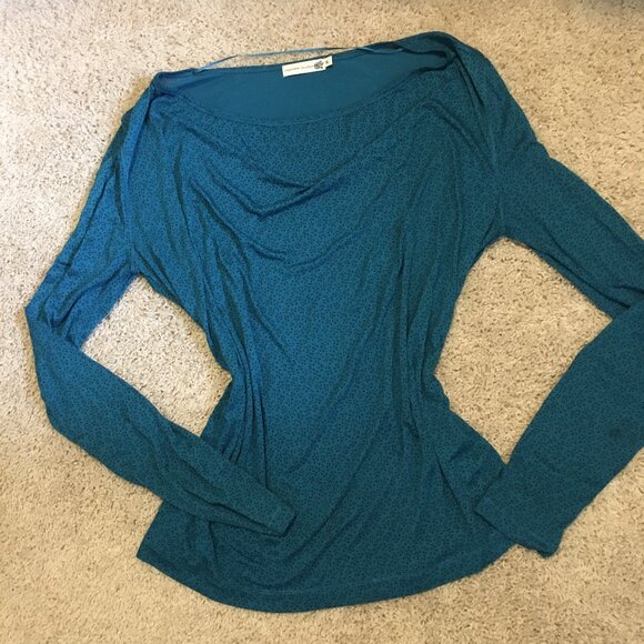 Jackpot Peacock Blue Ditsy Floral Print Cowl Collar Viscose Shirt - Picture 12 of 16